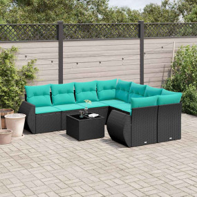 9 Piece Patio Sofa Set with Cushions Black Poly Rattan