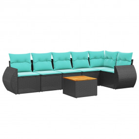 7 Piece Patio Sofa Set with Cushions Black Poly Rattan