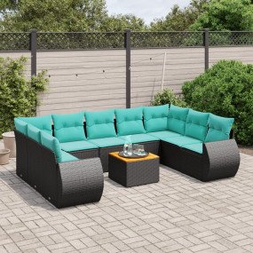 10 Piece Patio Sofa Set with Cushions Black Poly Rattan