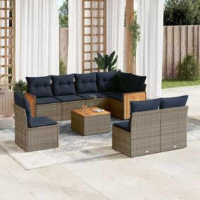 9 Piece Patio Sofa Set with Cushions Gray Poly Rattan