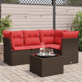 5 Piece Patio Sofa Set with Cushions Brown Poly Rattan