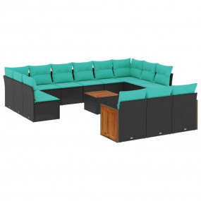 14 Piece Patio Sofa Set with Cushions Black Poly Rattan