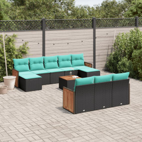 11 Piece Patio Sofa Set with Cushions Black Poly Rattan