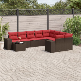 10 Piece Patio Sofa Set with Cushions Brown Poly Rattan