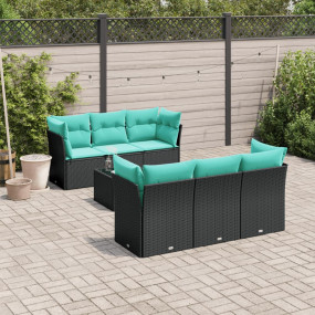 7 Piece Patio Sofa Set with Cushions Black Poly Rattan