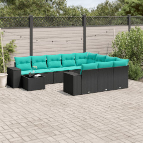 11 Piece Patio Sofa Set with Cushions Black Poly Rattan