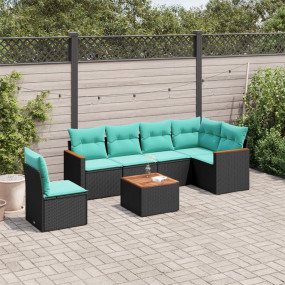 7 Piece Patio Sofa Set with Cushions Black Poly Rattan