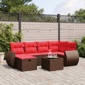 7 Piece Patio Sofa Set with Cushions Brown Poly Rattan