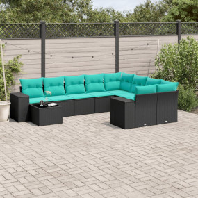 10 Piece Patio Sofa Set with Cushions Black Poly Rattan