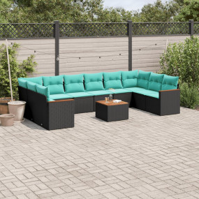 11 Piece Patio Sofa Set with Cushions Black Poly Rattan