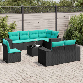 9 Piece Patio Sofa Set with Cushions Black Poly Rattan