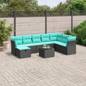 9 Piece Patio Sofa Set with Cushions Black Poly Rattan