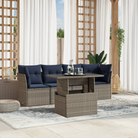 5 Piece Patio Sofa Set with Cushions Gray Poly Rattan