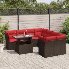 9 Piece Patio Sofa Set with Cushions Brown Poly Rattan