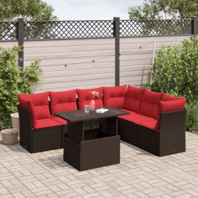 7 Piece Patio Sofa Set with Cushions Brown Poly Rattan