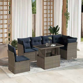 7 Piece Patio Sofa Set with Cushions Gray Poly Rattan