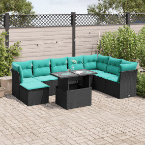 9 Piece Patio Sofa Set with Cushions Black Poly Rattan