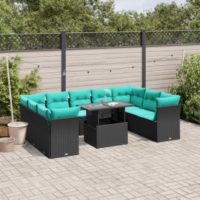 10 Piece Patio Sofa Set with Cushions Black Poly Rattan
