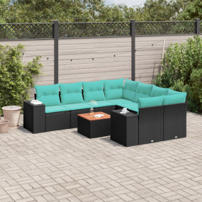 9 Piece Patio Sofa Set with Cushions Black Poly Rattan
