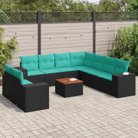 10 Piece Patio Sofa Set with Cushions Black Poly Rattan