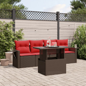 5 Piece Patio Sofa Set with Cushions Brown Poly Rattan
