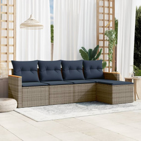 5 Piece Patio Sofa Set with Cushions Gray Poly Rattan