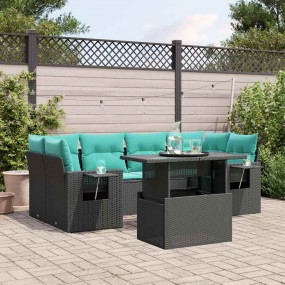 7 Piece Patio Sofa Set with Cushions Black Poly Rattan
