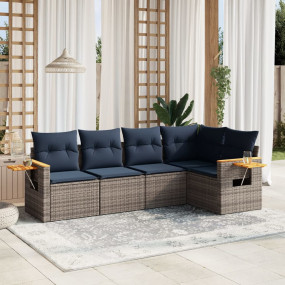 5 Piece Patio Sofa Set with Cushions Gray Poly Rattan