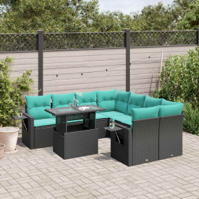 9 Piece Patio Sofa Set with Cushions Black Poly Rattan