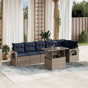 7 Piece Patio Sofa Set with Cushions Gray Poly Rattan