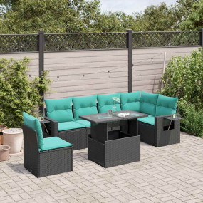 7 Piece Patio Sofa Set with Cushions Black Poly Rattan