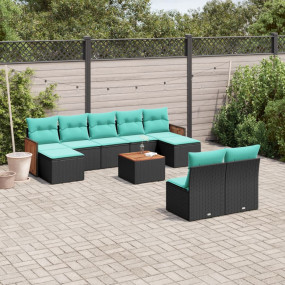 10 Piece Patio Sofa Set with Cushions Black Poly Rattan