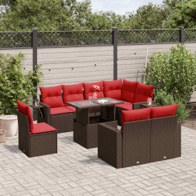 9 Piece Patio Sofa Set with Cushions Brown Poly Rattan