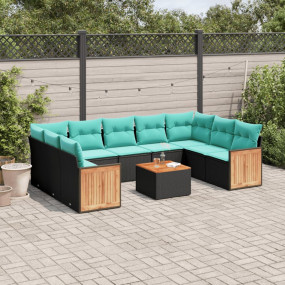 10 Piece Patio Sofa Set with Cushions Black Poly Rattan