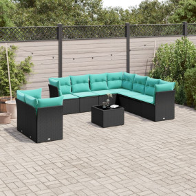 10 Piece Patio Sofa Set with Cushions Black Poly Rattan