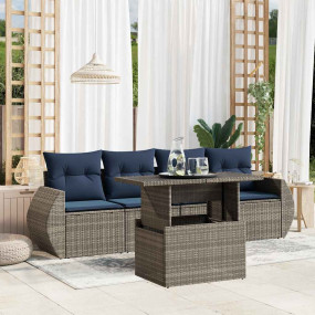 5 Piece Patio Sofa Set with Cushions Gray Poly Rattan