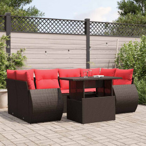 7 Piece Patio Sofa Set with Cushions Brown Poly Rattan
