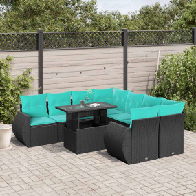 9 Piece Patio Sofa Set with Cushions Black Poly Rattan