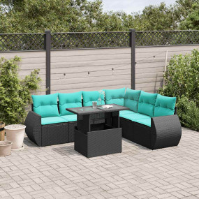 7 Piece Patio Sofa Set with Cushions Black Poly Rattan