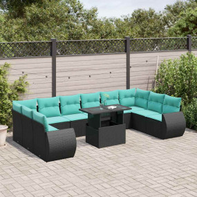 11 Piece Patio Sofa Set with Cushions Black Poly Rattan