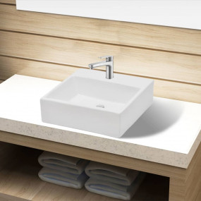 Ceramic Bathroom Sink Basin with Faucet Hole White Squa...