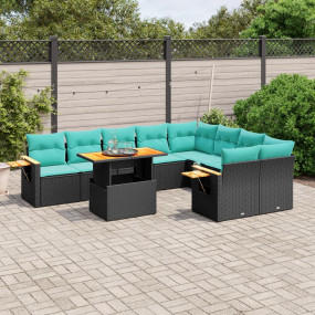 10 Piece Patio Sofa Set with Cushions Black Poly Rattan