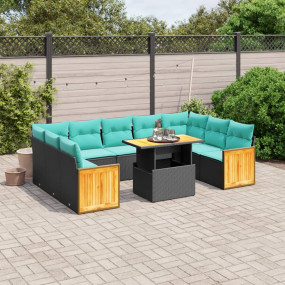 10 Piece Patio Sofa Set with Cushions Black Poly Rattan