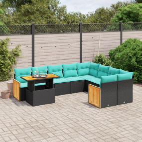 10 Piece Patio Sofa Set with Cushions Black Poly Rattan