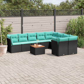 10 Piece Patio Sofa Set with Cushions Black Poly Rattan