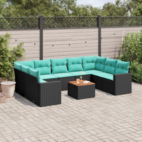 10 Piece Patio Sofa Set with Cushions Black Poly Rattan