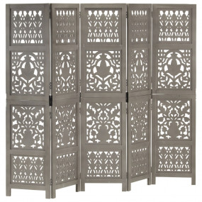 Hand Carved 5-Panel Room Divider Gray 78.7"x65" Solid M...