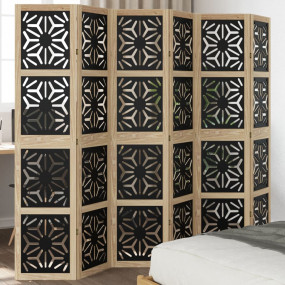 Room Divider 6 Panels Brown and Black Solid Wood Paulow...