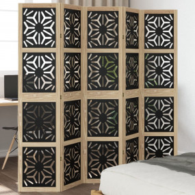 Room Divider 5 Panels Brown and Black Solid Wood Paulow...