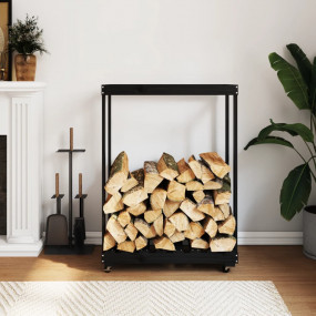 Log Holder with Wheels Black 30.1x15.7x42.5" Solid Wood...